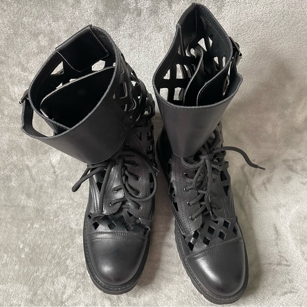 Black Laser Cut Caged Combat Boots EU 42 US 10 Faux Leather Lace Up Buckle - Picture 5 of 12